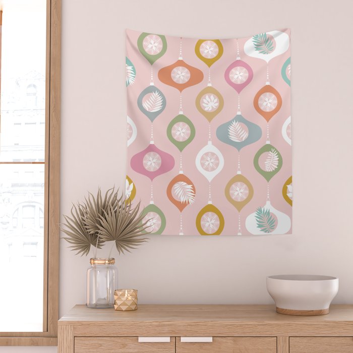 Retro Christmas Baubles Pattern on Pastel Pink Wall Tapestry Gallery Image 2