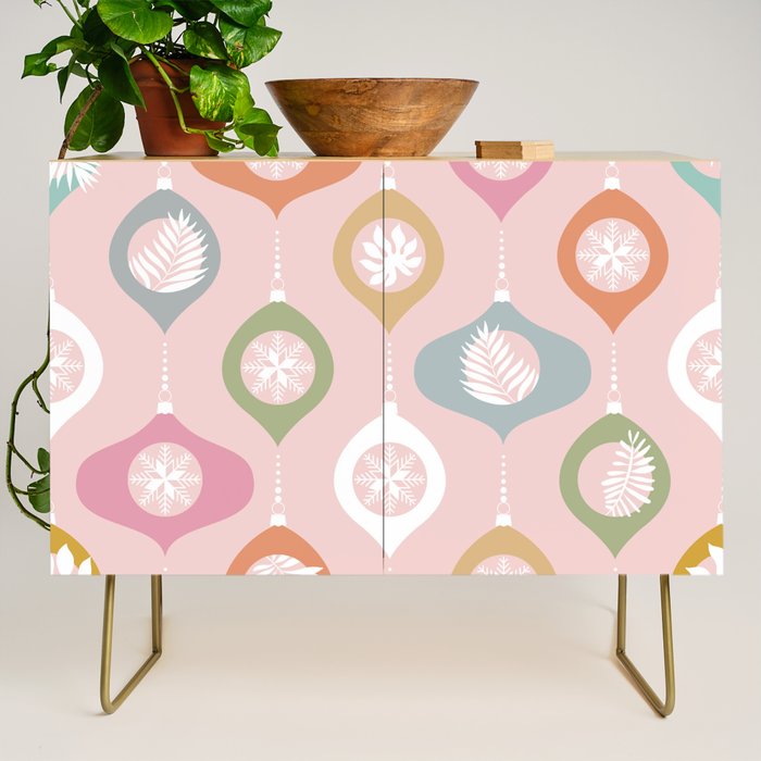 Retro Christmas Baubles Pattern on Pastel Pink Credenza Gallery Image 1