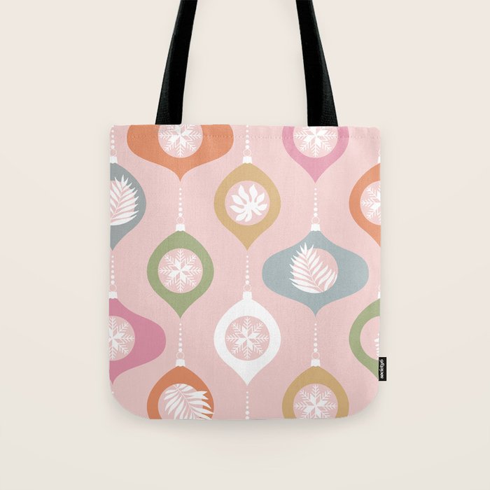Retro Christmas Baubles Pattern on Pastel Pink Tote Bag Gallery Image 1