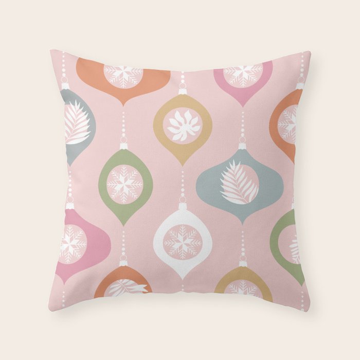 Retro Christmas Baubles Pattern on Pastel Pink Throw Pillow Gallery Image 6