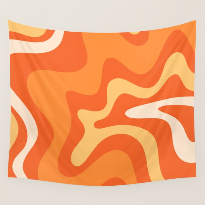 Retro Liquid Swirl Abstract Pattern Square in Orange and Tangerine Tones Wall Tapestry Gallery Image 4