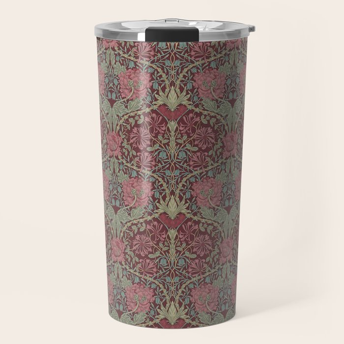 William Morris Honeysuckle & Tulip Burgundy and Sage Travel Mug Gallery Image 1