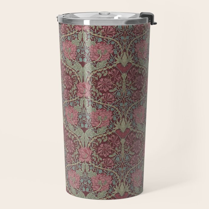 William Morris Honeysuckle & Tulip Burgundy and Sage Travel Mug Gallery Image 2