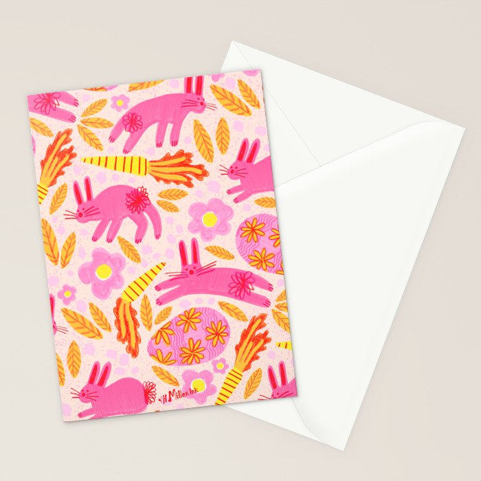 Cute Colorful Rabbits & Decorative Eggs in Pastel Pink Stationery Card Gallery Image 2