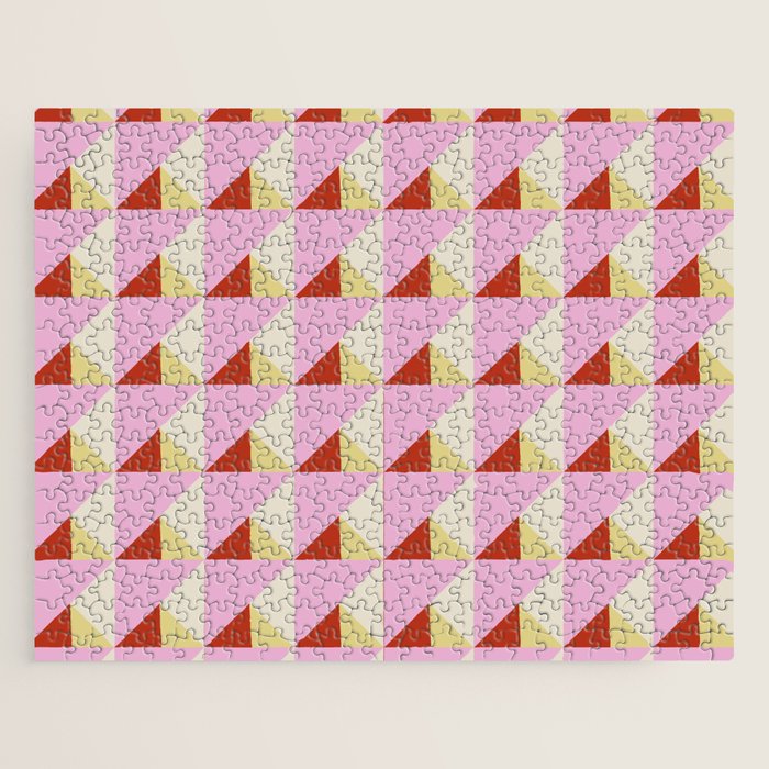 Geometric Triangle Pattern Playful Pink Red and Yellow Abstract Repeat Print Jigsaw Puzzle Gallery Image 1