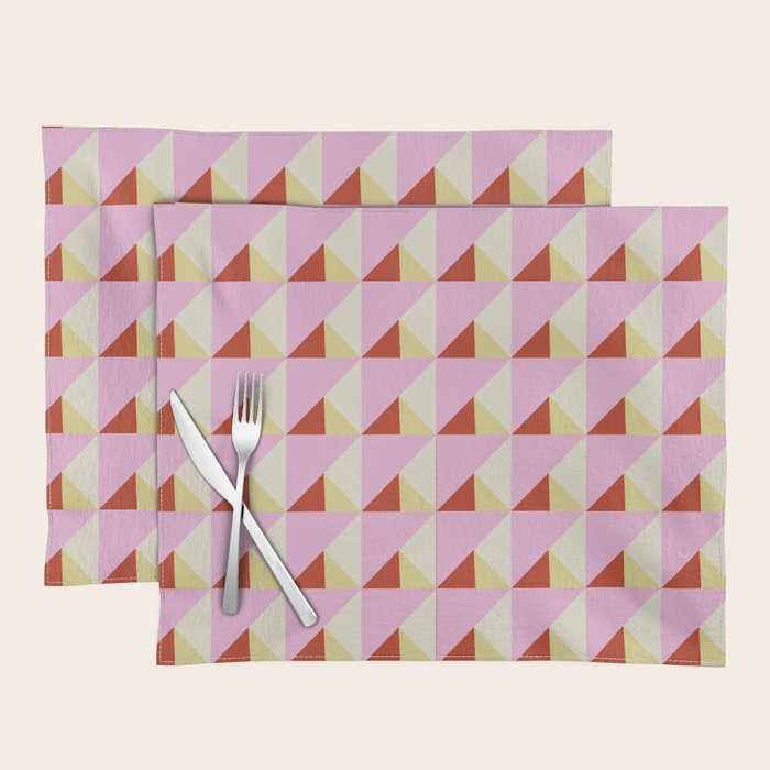 Geometric Triangle Pattern Playful Pink Red and Yellow Abstract Repeat Print Placemat Gallery Image 1