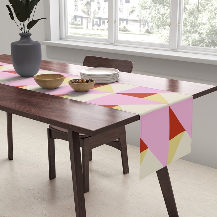 Geometric Triangle Pattern Playful Pink Red and Yellow Abstract Repeat Print Table Runner Gallery Image 2