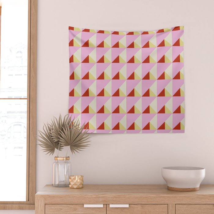 Geometric Triangle Pattern Playful Pink Red and Yellow Abstract Repeat Print Wall Tapestry Gallery Image 2