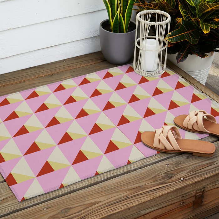 Geometric Triangle Pattern Playful Pink Red and Yellow Abstract Repeat Print Outdoor Rug Gallery Image 2
