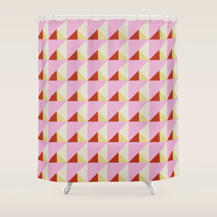 Geometric Triangle Pattern Playful Pink Red and Yellow Abstract Repeat Print Shower Curtain Gallery Image 1