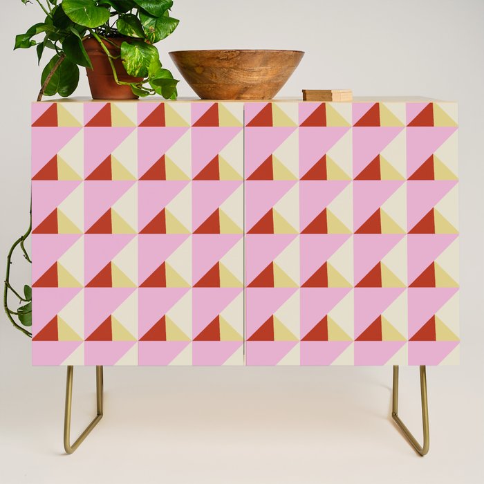 Geometric Triangle Pattern Playful Pink Red and Yellow Abstract Repeat Print Credenza Gallery Image 1