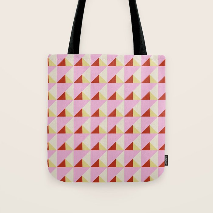 Geometric Triangle Pattern Playful Pink Red and Yellow Abstract Repeat Print Tote Bag Gallery Image 1