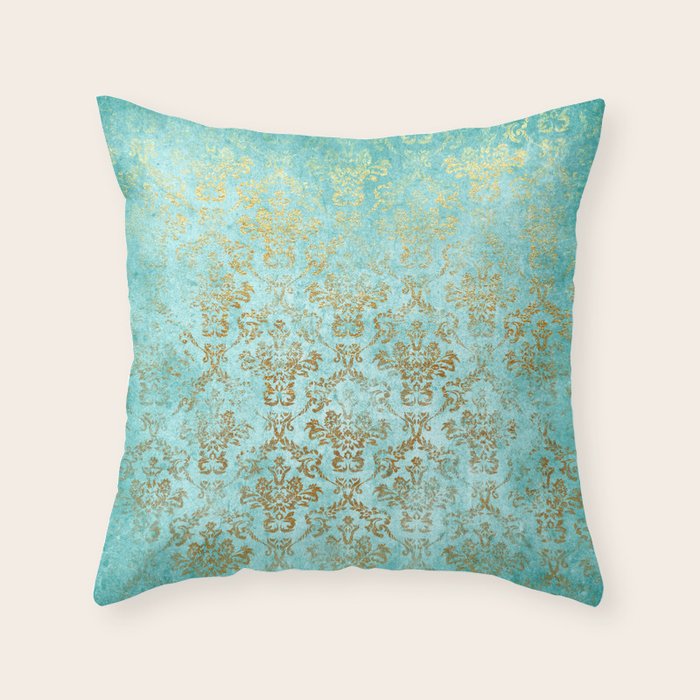 Mermaid Gold Aqua Seafoam Damask Throw Pillow Gallery Image 1