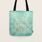 Mermaid Gold Aqua Seafoam Damask Tote Bag Gallery Image 1