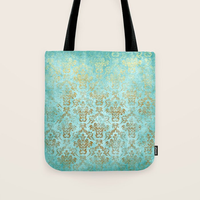 Mermaid Gold Aqua Seafoam Damask Tote Bag Gallery Image 1