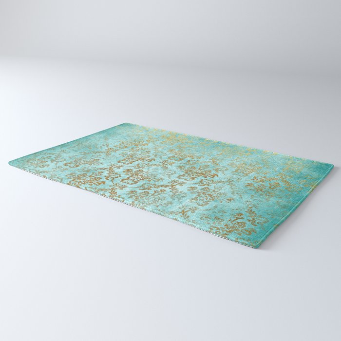 Mermaid Gold Aqua Seafoam Damask Rug Gallery Image 3