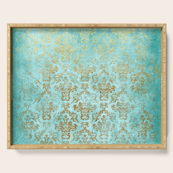 Mermaid Gold Aqua Seafoam Damask Serving Tray Gallery Image 1