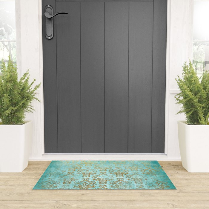 Mermaid Gold Aqua Seafoam Damask Welcome Mat Gallery Image 3
