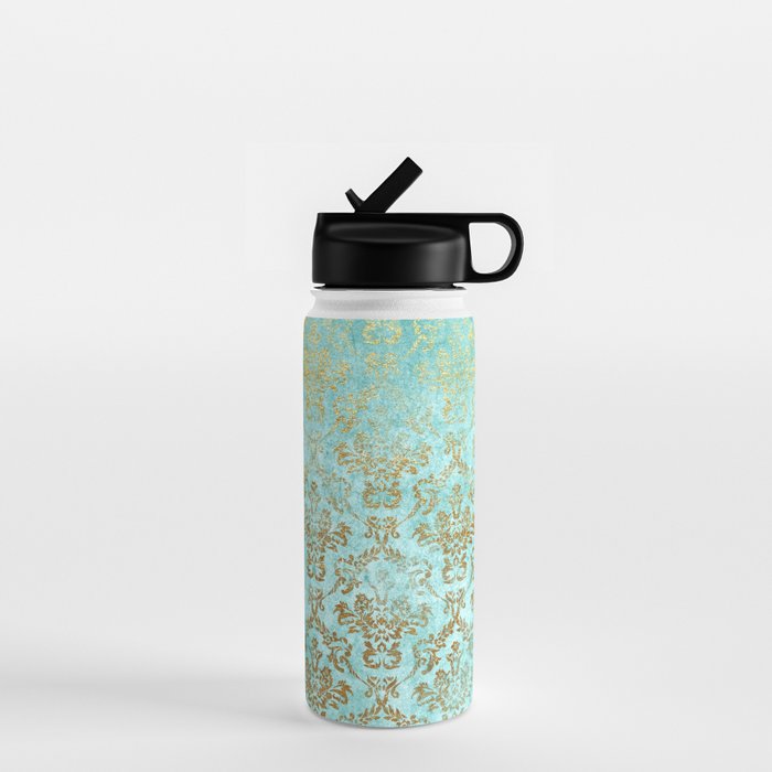 Mermaid Gold Aqua Seafoam Damask Water Bottle Gallery Image 1