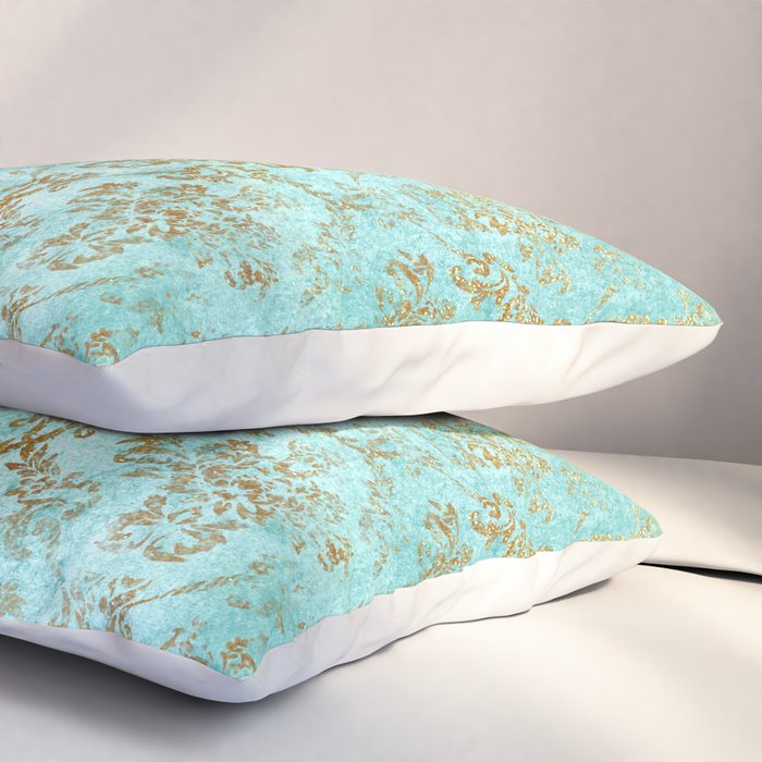 Mermaid Gold Aqua Seafoam Damask Pillow Sham Gallery Image 3