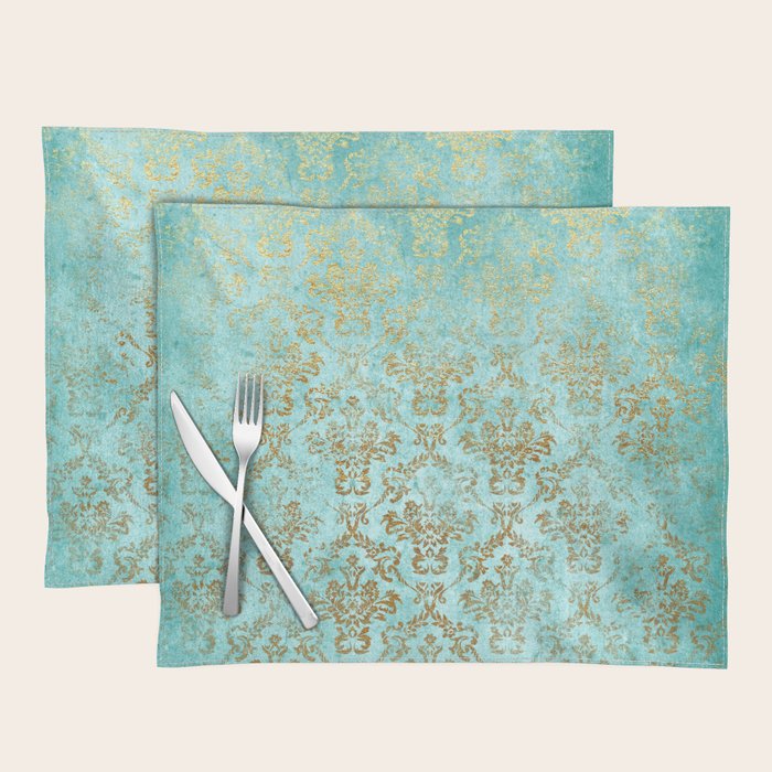 Mermaid Gold Aqua Seafoam Damask Placemat Gallery Image 1