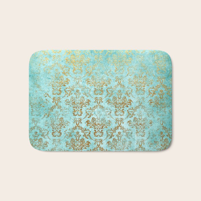 Mermaid Gold Aqua Seafoam Damask Bath Mat Gallery Image 1