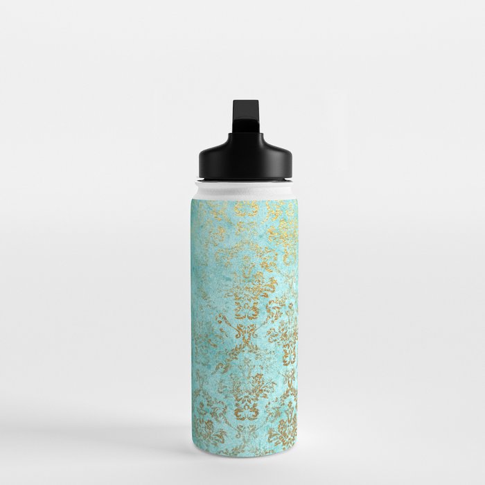 Mermaid Gold Aqua Seafoam Damask Water Bottle Gallery Image 3
