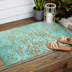 Mermaid Gold Aqua Seafoam Damask Outdoor Rug Gallery Image 2