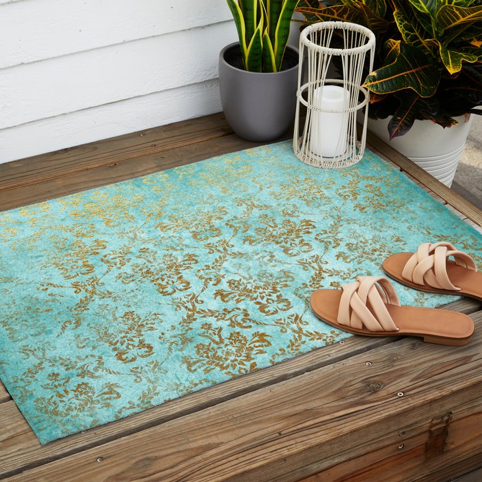 Mermaid Gold Aqua Seafoam Damask Outdoor Rug Gallery Image 2