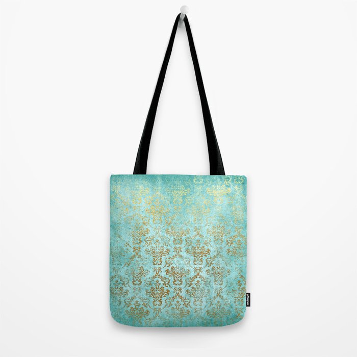 Mermaid Gold Aqua Seafoam Damask Tote Bag Gallery Image 2