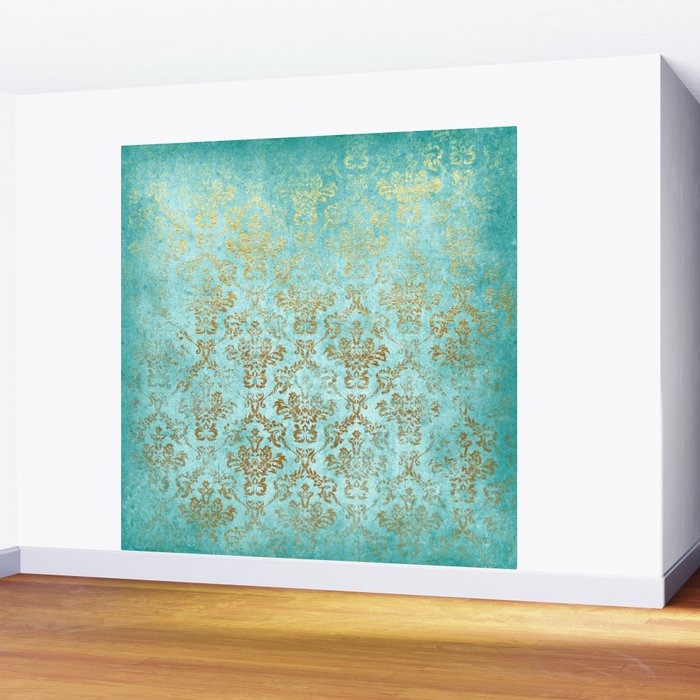 Mermaid Gold Aqua Seafoam Damask Wall Mural Gallery Image 2