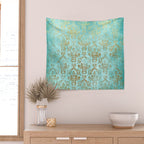 Mermaid Gold Aqua Seafoam Damask Wall Tapestry Gallery Image 2
