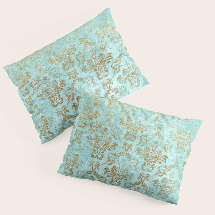 Mermaid Gold Aqua Seafoam Damask Pillow Sham Gallery Image 1