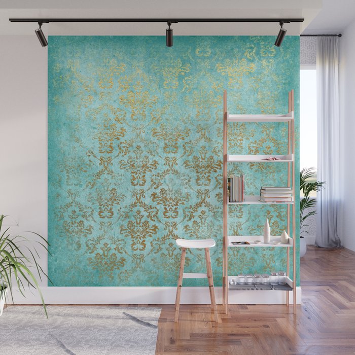 Mermaid Gold Aqua Seafoam Damask Wall Mural Gallery Image 1