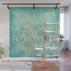 Mermaid Gold Aqua Seafoam Damask Wall Mural Gallery Image 1