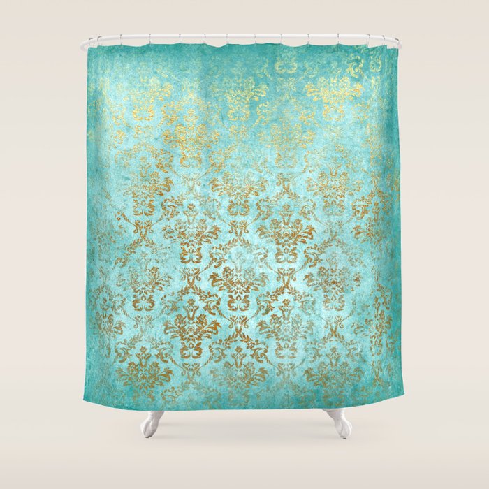 Mermaid Gold Aqua Seafoam Damask Shower Curtain Gallery Image 1