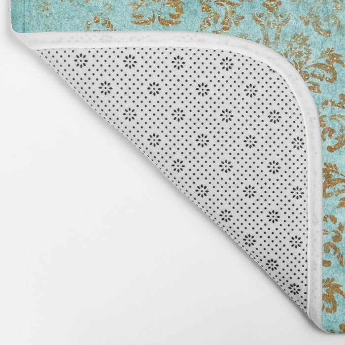 Mermaid Gold Aqua Seafoam Damask Bath Mat Gallery Image 2