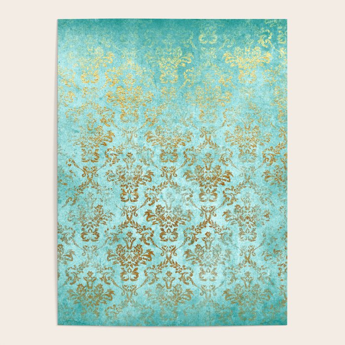 Mermaid Gold Aqua Seafoam Damask Poster Gallery Image 1