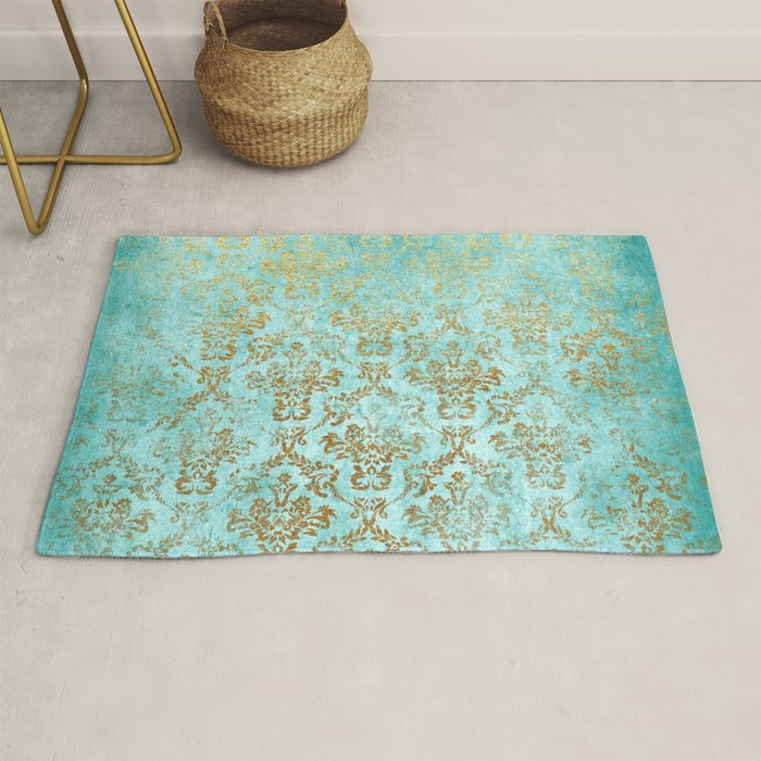 Mermaid Gold Aqua Seafoam Damask Rug Gallery Image 1