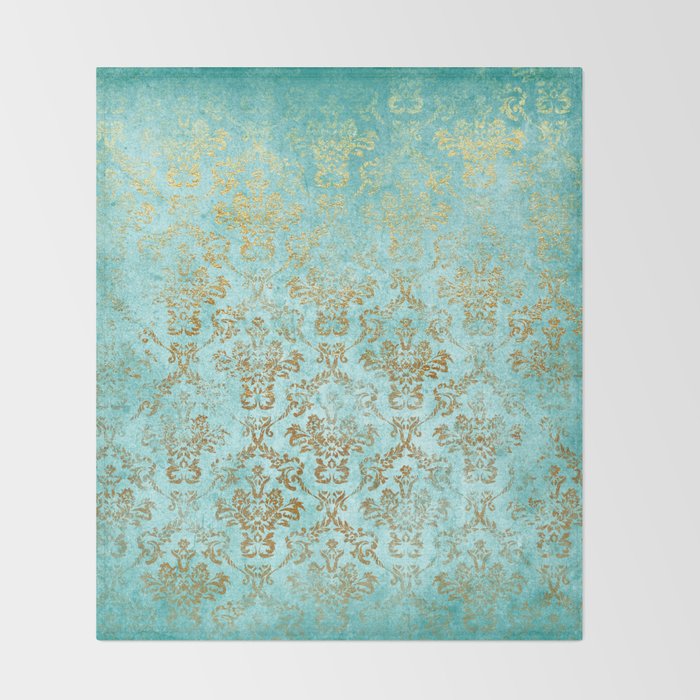 Mermaid Gold Aqua Seafoam Damask Throw Blanket Gallery Image 2