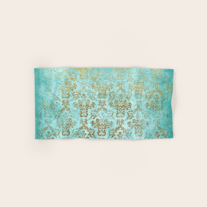 Mermaid Gold Aqua Seafoam Damask Bath Towel Gallery Image 1