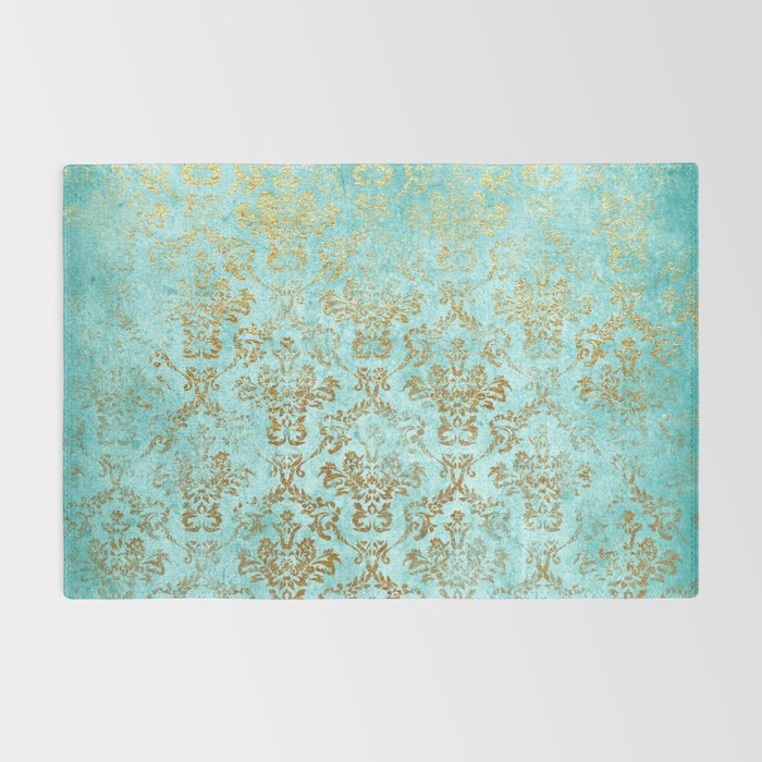 Mermaid Gold Aqua Seafoam Damask Rug Gallery Image 2