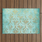 Mermaid Gold Aqua Seafoam Damask Outdoor Rug Gallery Image 1