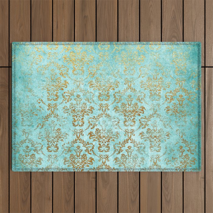 Mermaid Gold Aqua Seafoam Damask Outdoor Rug Gallery Image 1
