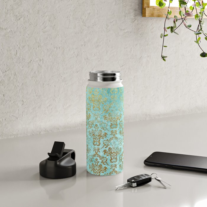 Mermaid Gold Aqua Seafoam Damask Water Bottle Gallery Image 4