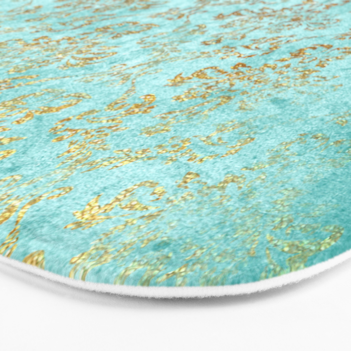Mermaid Gold Aqua Seafoam Damask Bath Mat Gallery Image 3