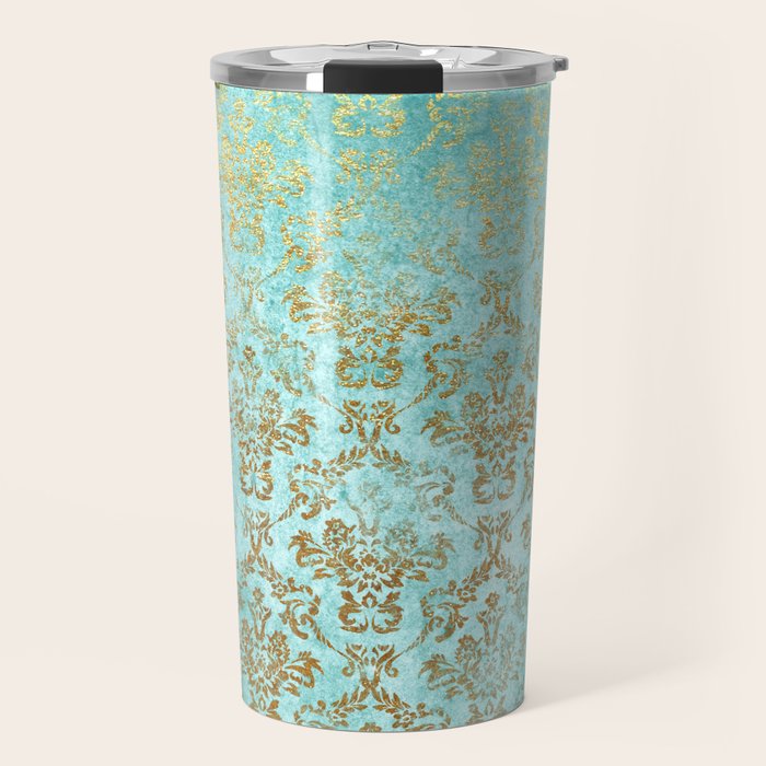 Mermaid Gold Aqua Seafoam Damask Travel Mug Gallery Image 1