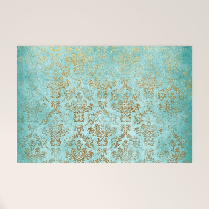 Mermaid Gold Aqua Seafoam Damask Welcome Mat Gallery Image 1