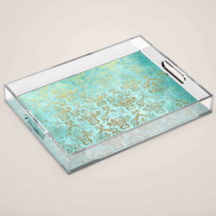 Mermaid Gold Aqua Seafoam Damask Acrylic Tray Gallery Image 1