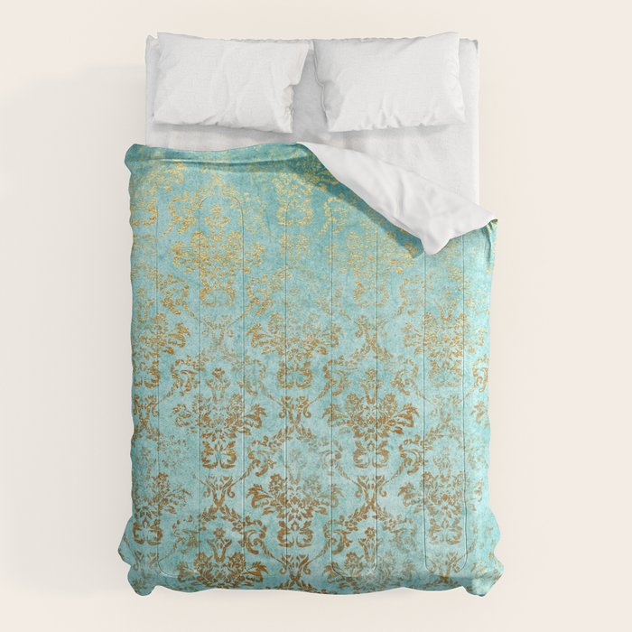Mermaid Gold Aqua Seafoam Damask Comforter Gallery Image 6